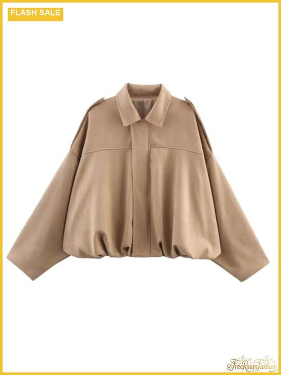 Jackets & Blazers - Womens Faux Suede Bomber Jacket Oversized Batwing Sleeve Zip Up Streetwear